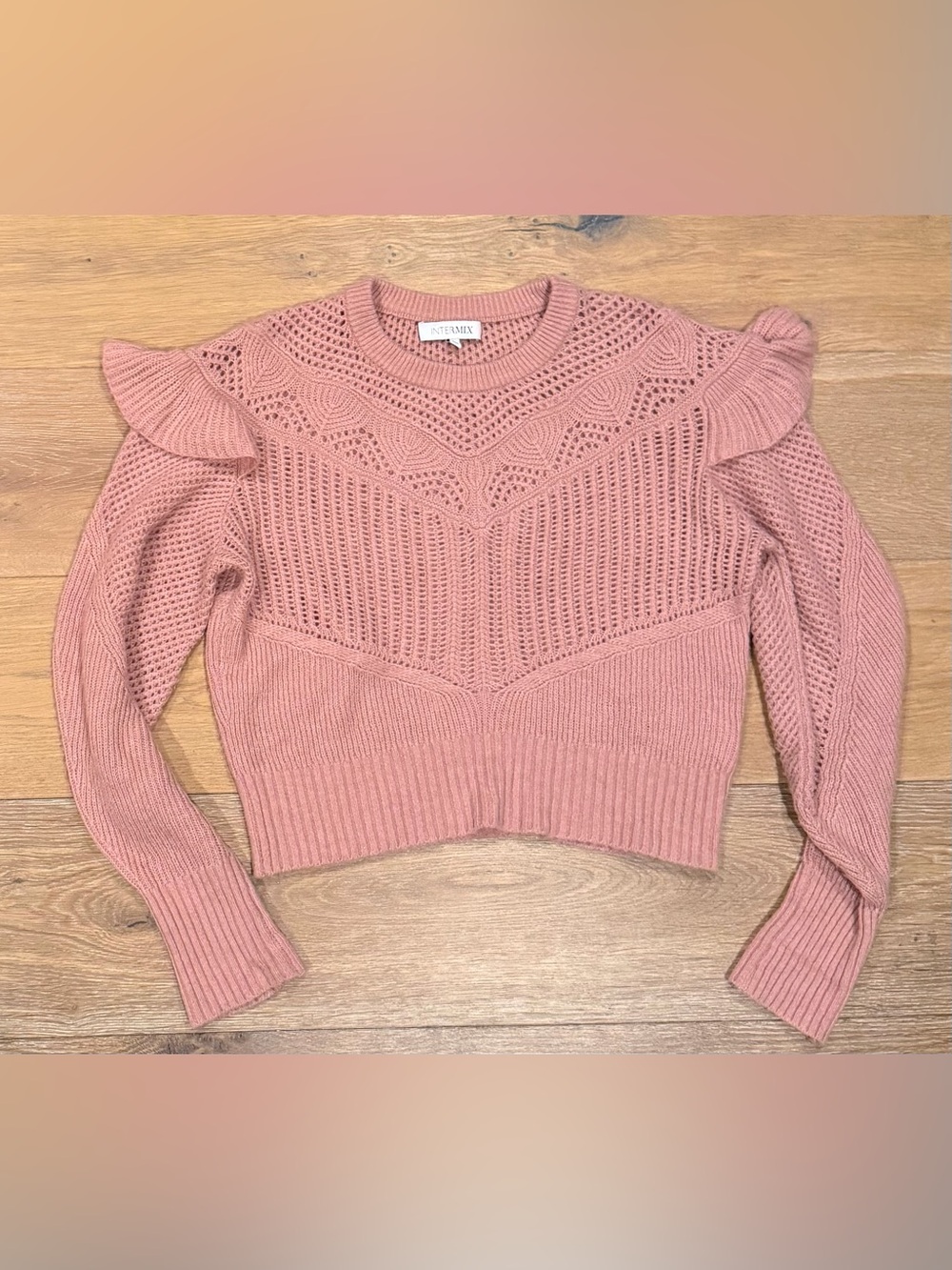 INTERMIX Pink Ruffle-Shoulder Open Knit Crewneck Sweater Wool-Blend Size S